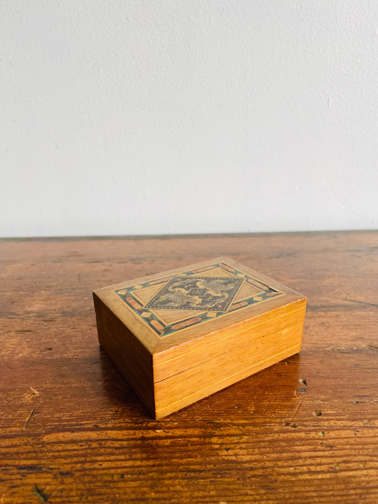 Antique Tunbridge Ware Wood Box with Mosaic Inlaid Pattern - Trinkets or Jewellery!