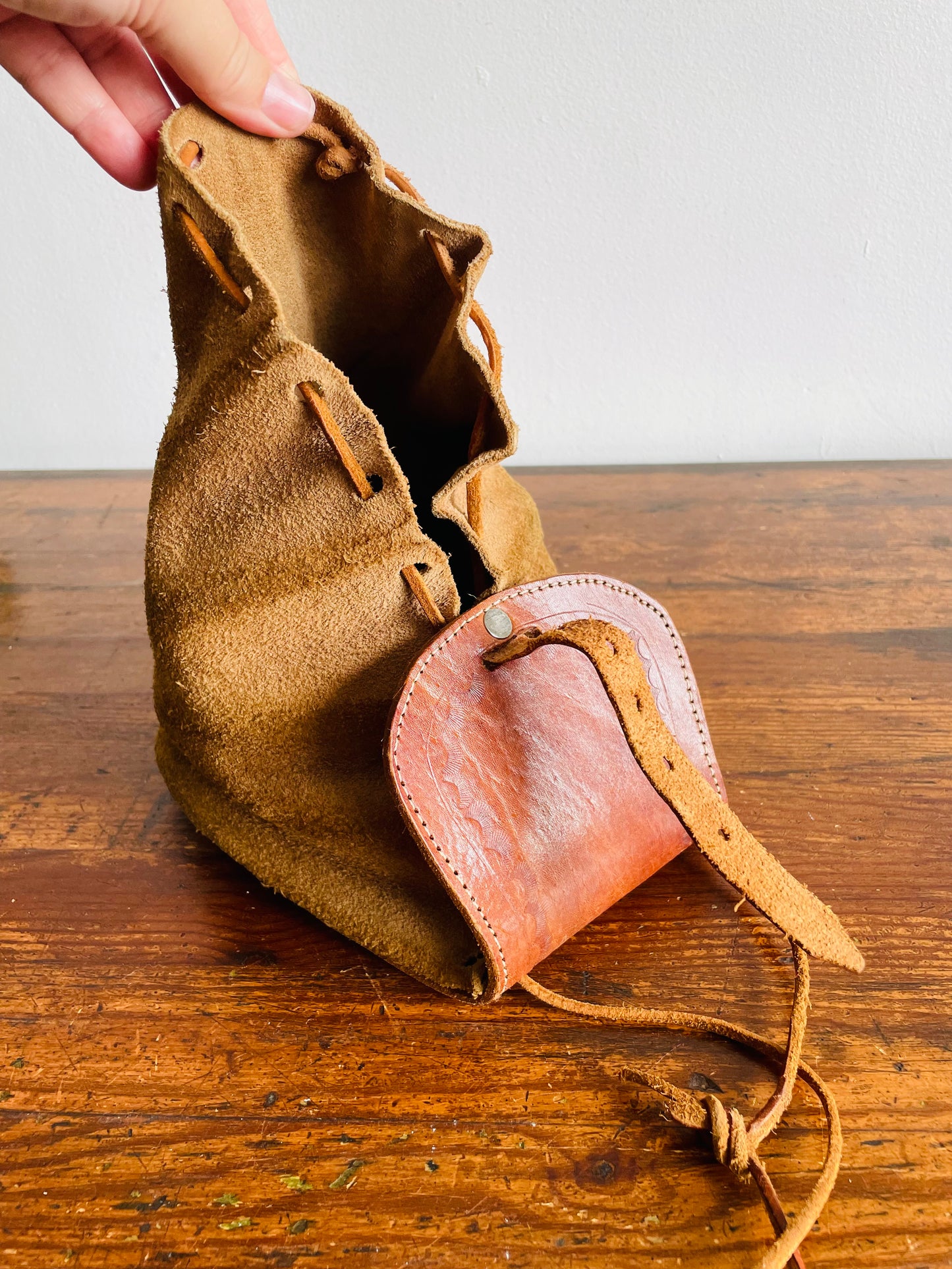 Tooled Leather & Suede Drawstring Purse