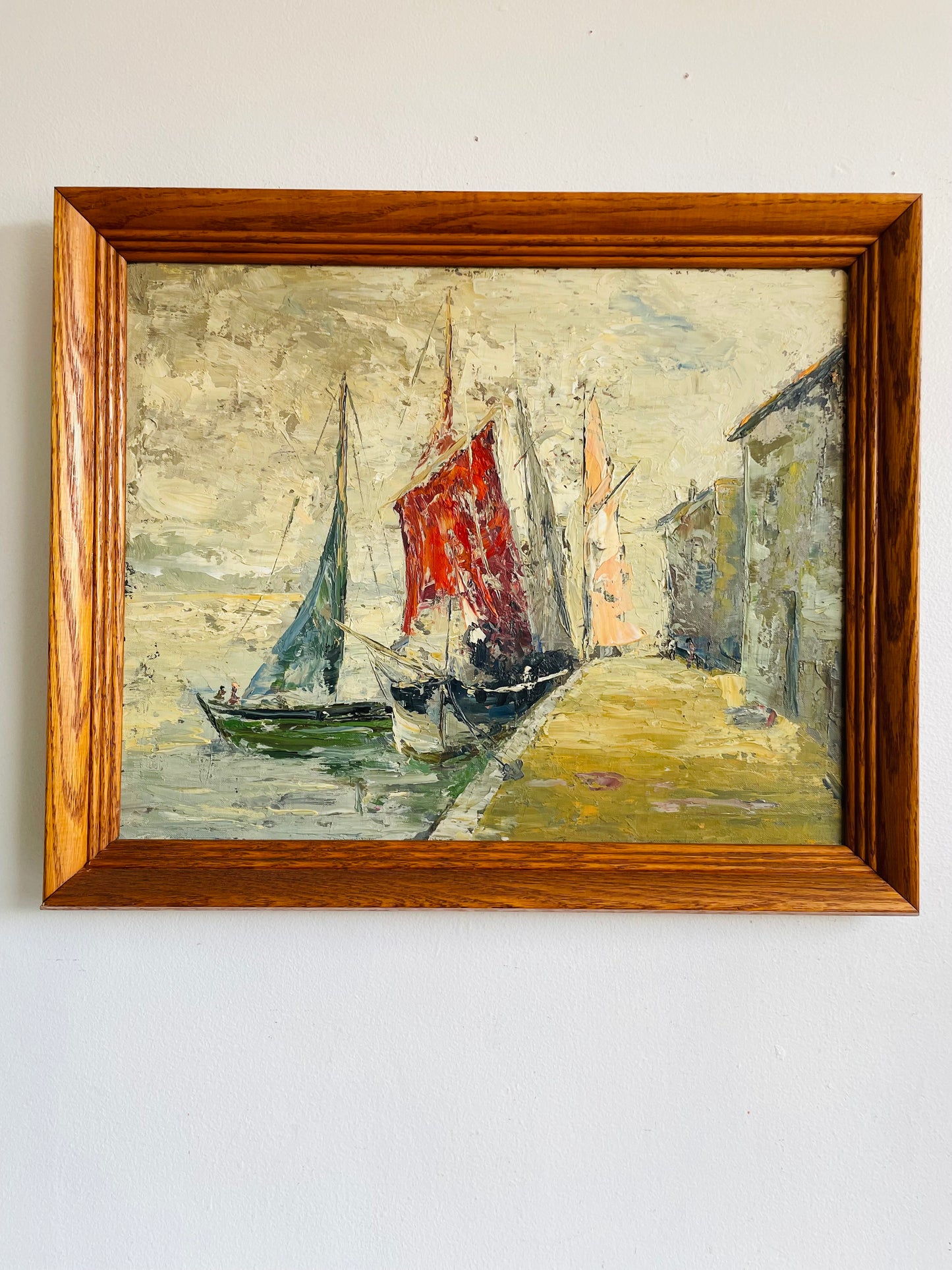 Vintage Original Art Painting - Impressionist Impasto Style - Sailboats & Fishing Ships Docked Along Wharf - "Marine Life" - Artist Signed - Purchased from a Fort Erie Estate - No Shipping