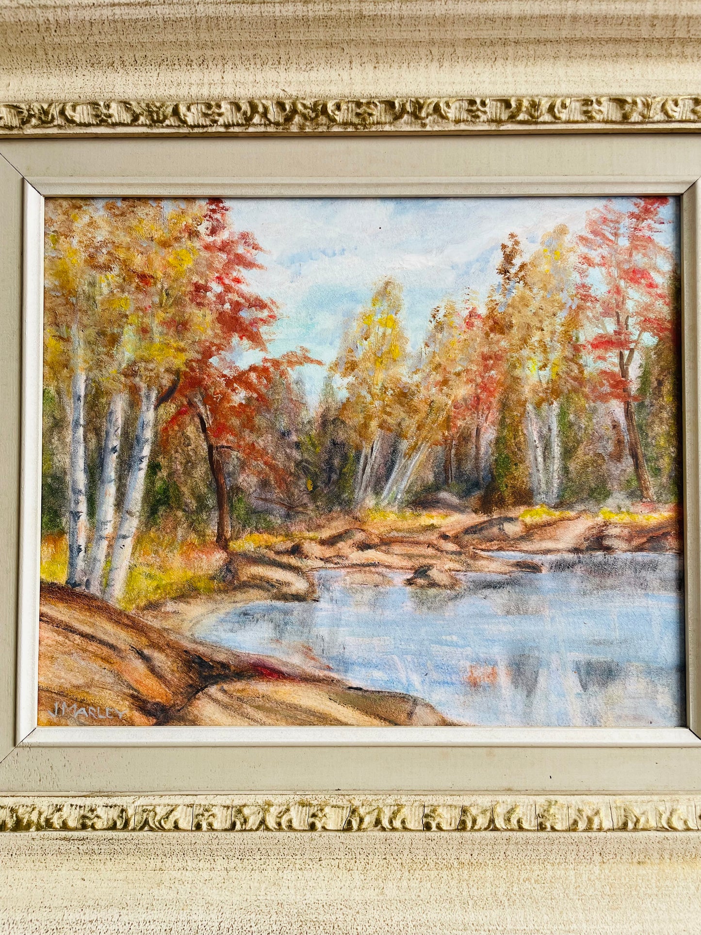 Vintage Original Art Painting Picture in Gold & White Wood Frame - Hudson Point on Lake Muskoka - Artist Signed