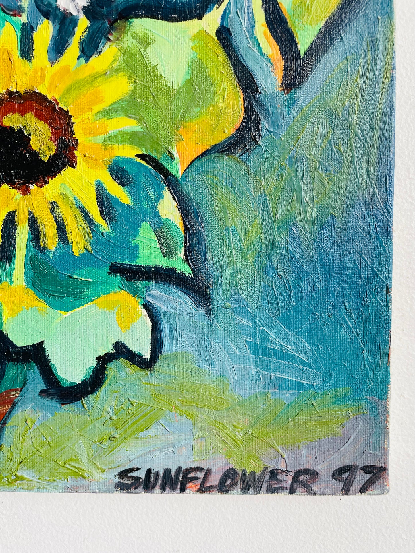 Vintage 1997 Sunflower Garden & Cat Abstract Original Art Painting on Canvas - Artist Signed A. James