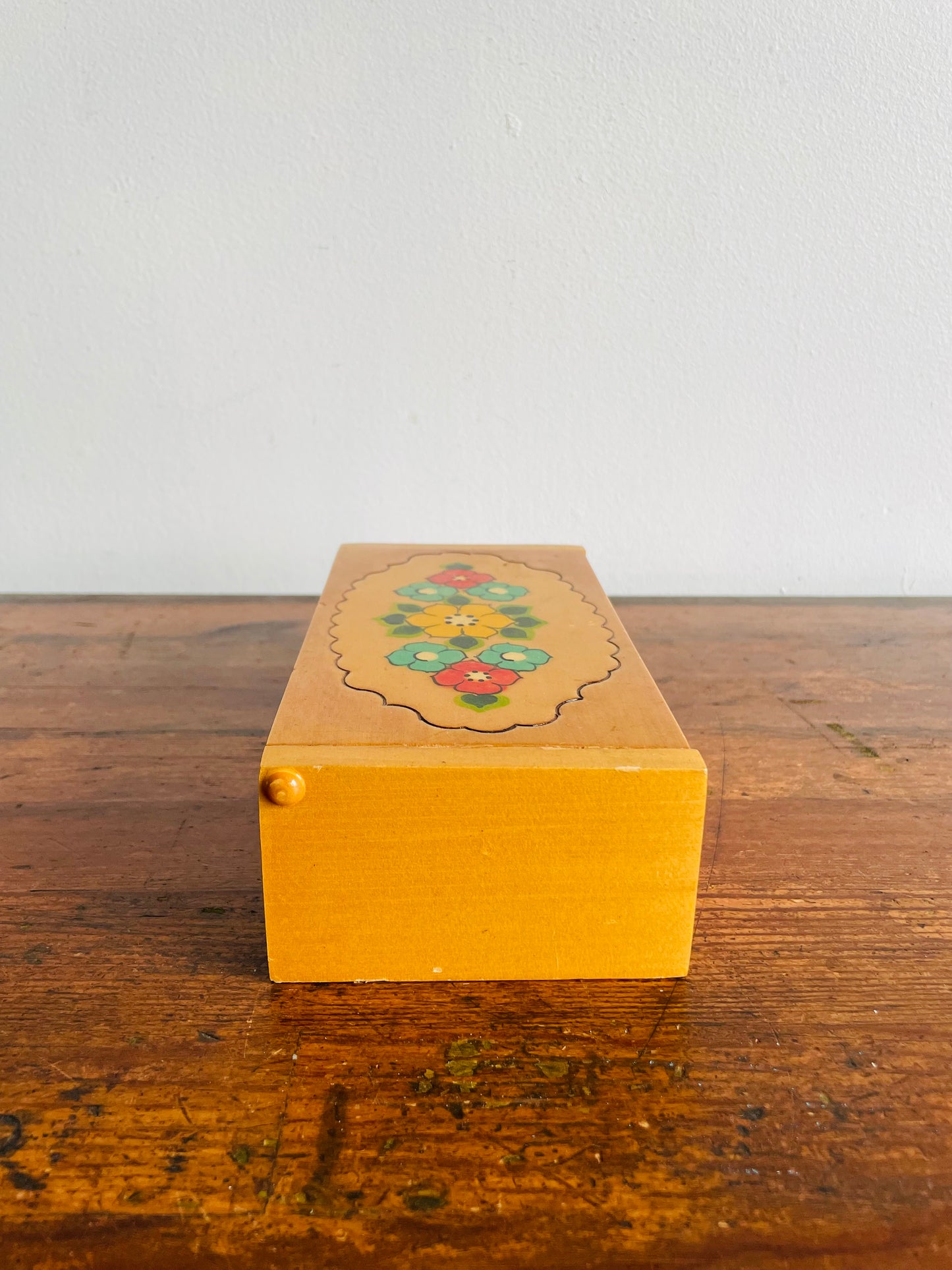 Russian Folk Art Wood Jewellery Box with Hinged Lid & Hand Painted Flower Design