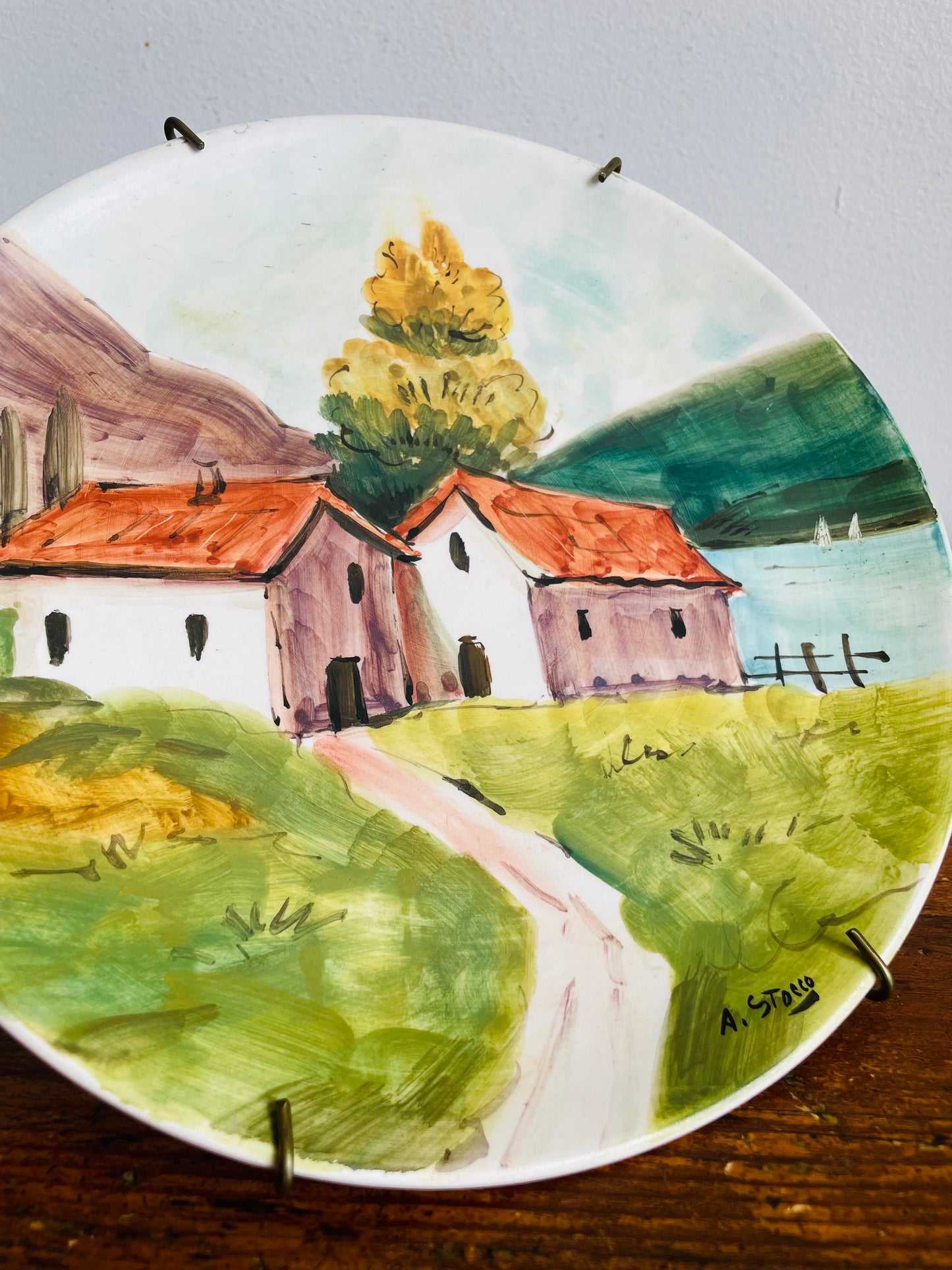 Vintage Hand Painted Wall Hanging Plate with Country Houses Beside Lake & Mountains Scene - A. Stocco Italy