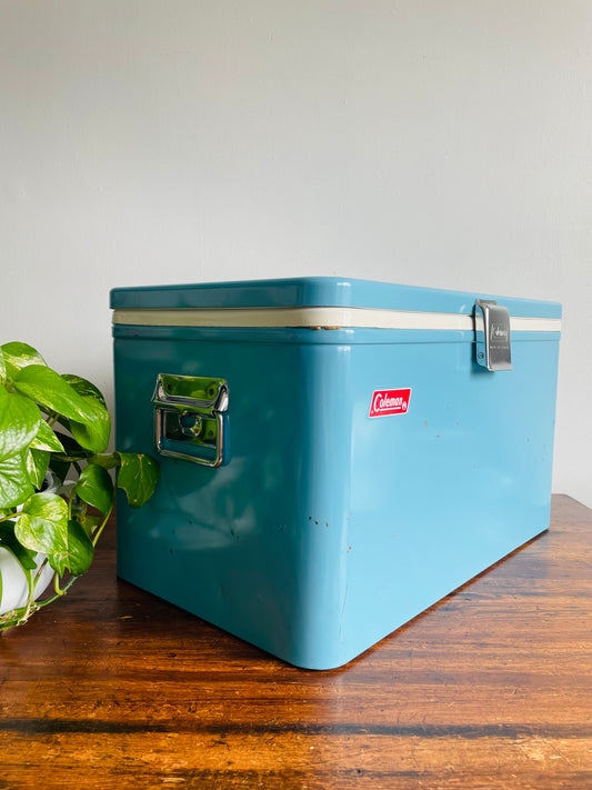 1960s Coleman Turquoise Blue Metal Cooler with Metal Latch & Original Interior Tray - Made in Canada