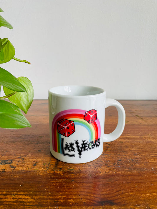 White Las Vegas Mug with Rainbow & Red Dice Graphic