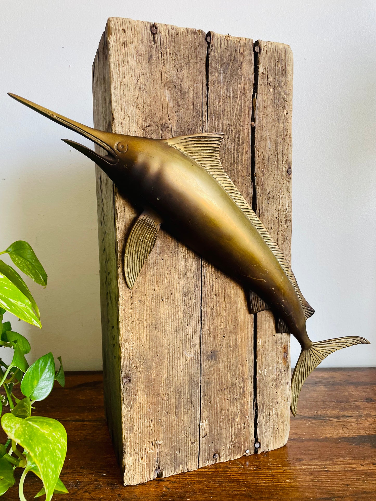 Vintage Solid Brass Swimming Marlin Fish or Swordfish - Wall Hanging Decor