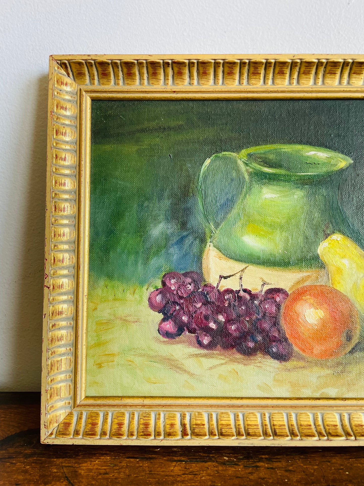 Vintage Original Art Painting of Still Life Scene with Fruit & Pottery Jug - Signed Leo Harris