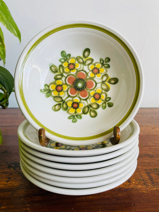 Vintage 5.5" Shallow Snack Bowls with Groovy Orange, Yellow & Green Flower Power Pattern - Mirage Ironstone Ware by Myott - Set of 8 -  Made in England