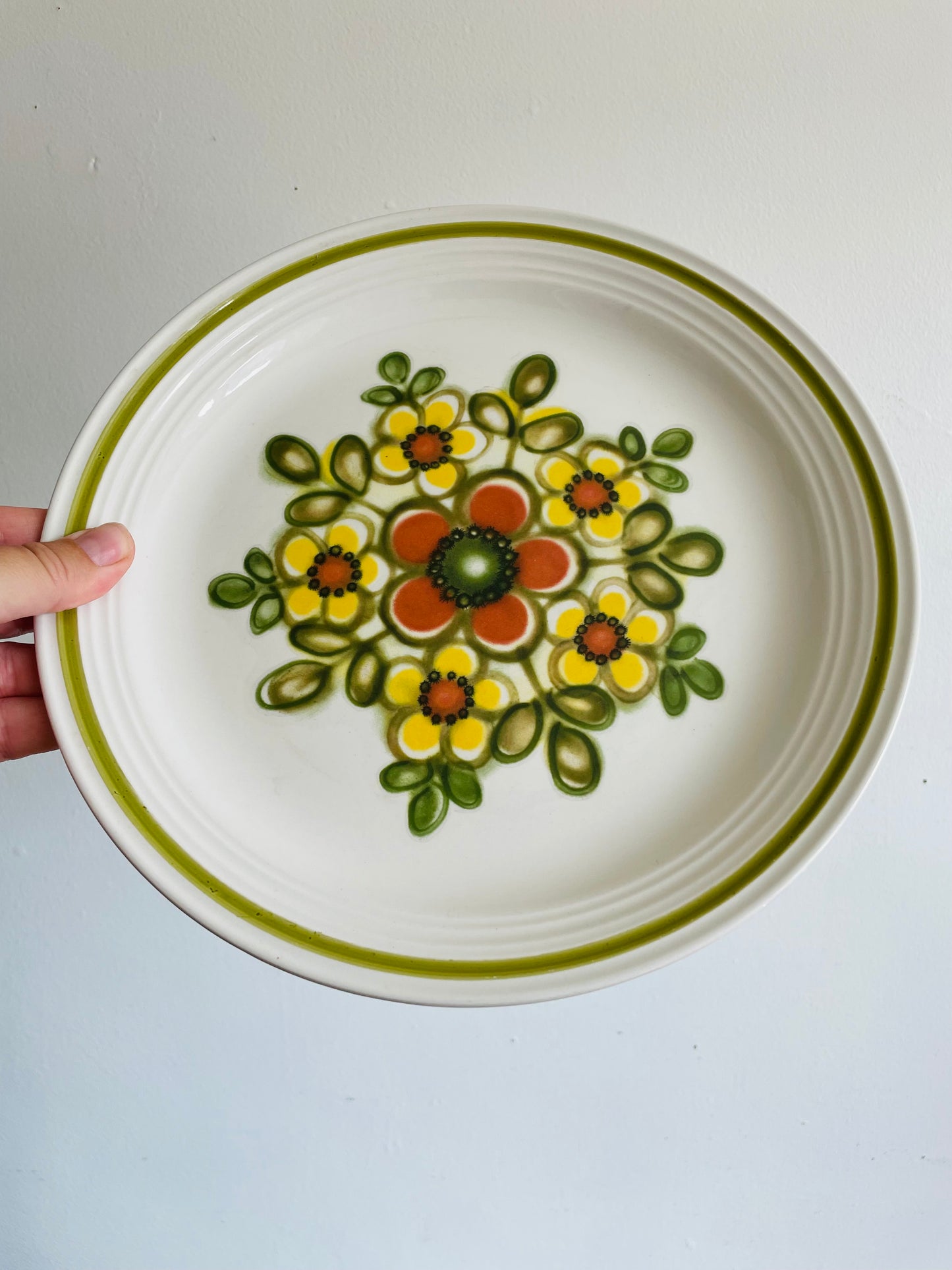 Vintage 10" Dinner Plates with Groovy Orange, Yellow & Green Flower Power Pattern - Set of 8 -  Made in England