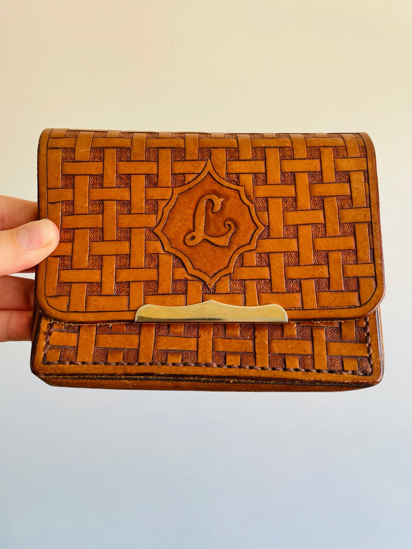 Tooled Leather Clutch Wallet with Monogrammed Letter L