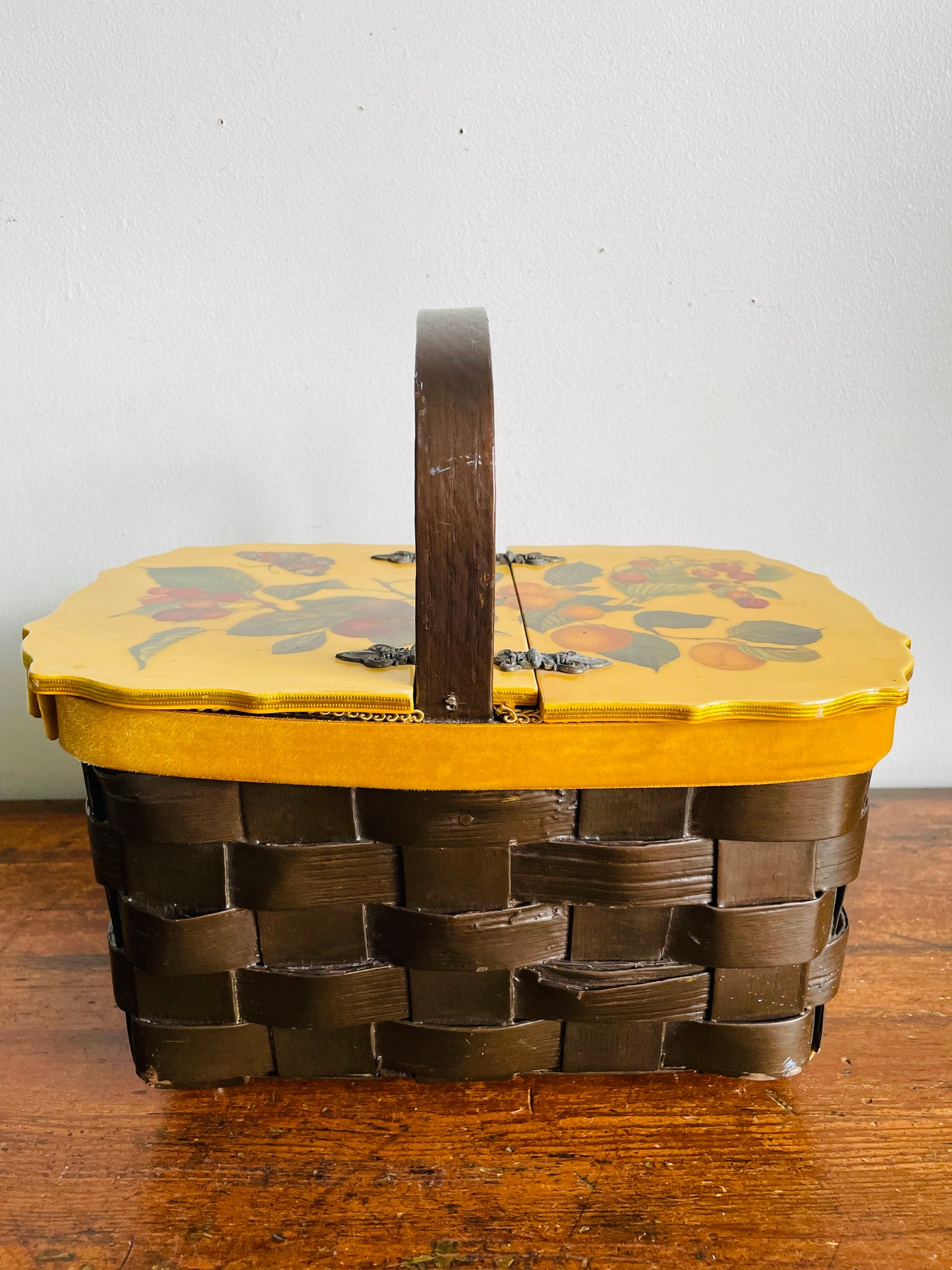 Vintage 1972 Wood Woven Decoupage Basket Purse or Storage Container with Botanical Fruit & Butterfly Design - Artist Signed - Angie 9/72