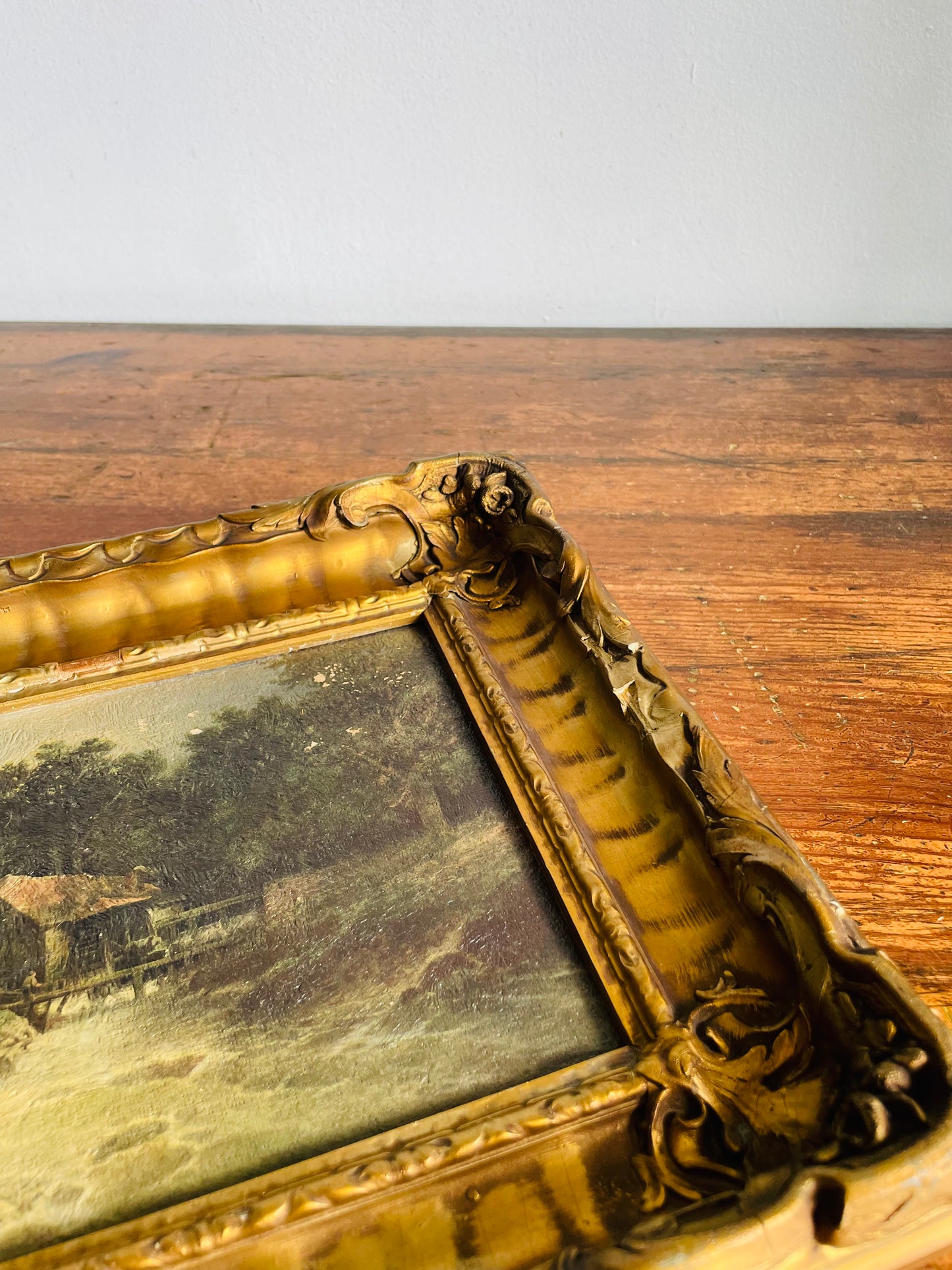 Antique Frank G. Hart's Oil Painting Facsimile Picture in Ornate Gold Frame - "The Old Watermill"