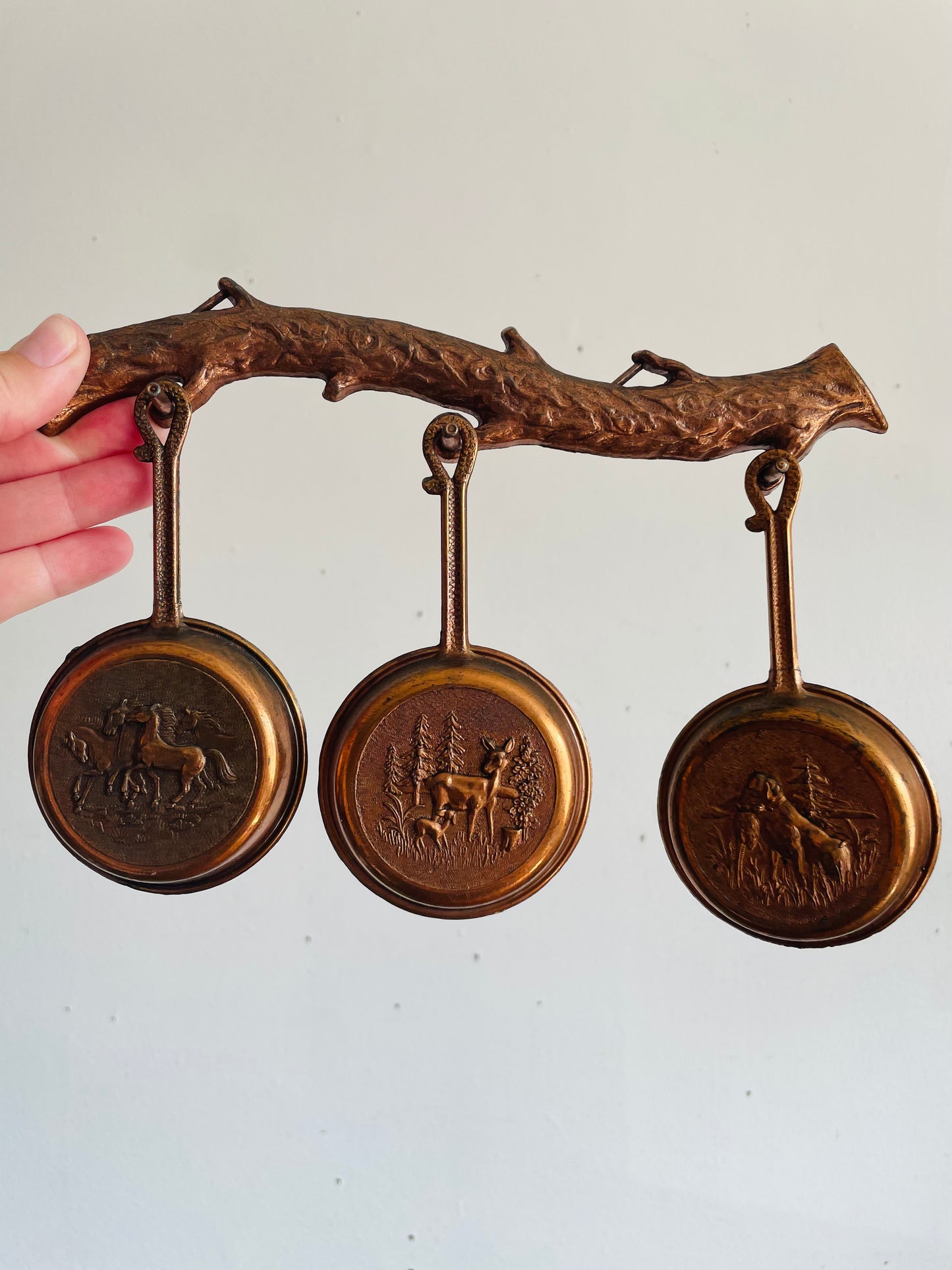 Vintage Miniature Hanging Copper Pans on Branch Hanger with Embossed Animal & Nature Images