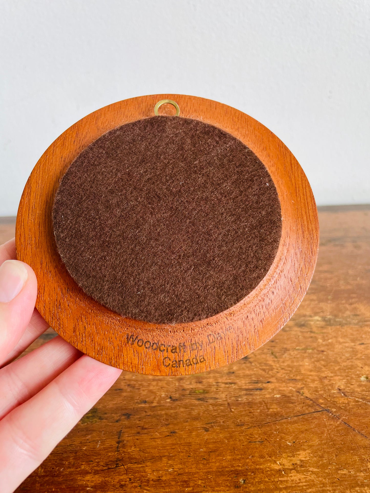 Vintage Handmade Round Wood Marquetry Wall Art Picture with Inlaid Flower Design - Woodcraft by Dave - Made in Canada