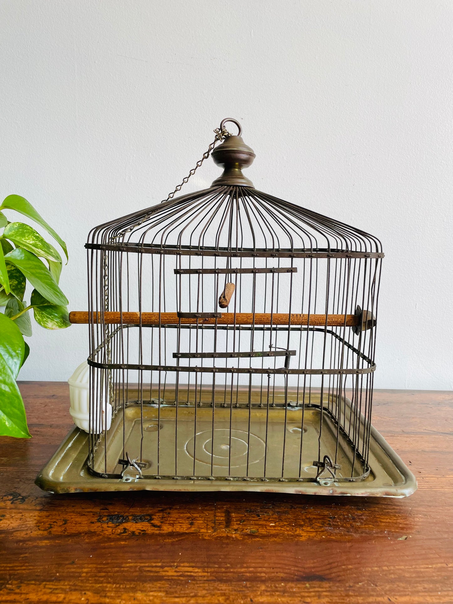 Antique Hendryx Brass & Metal Wire Bird Cage with Wood Perches & Milk Glass Food Dish - Art Deco Decor