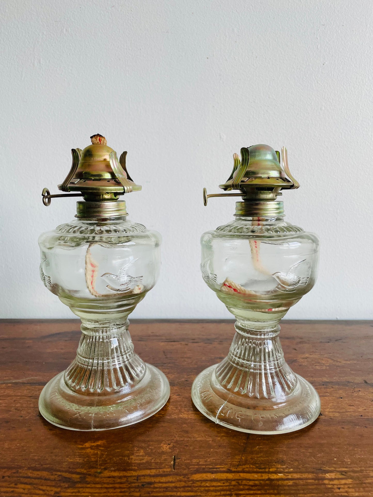 An Qing China Flying Birds Clear Glass Oil Lamps - Set of 2