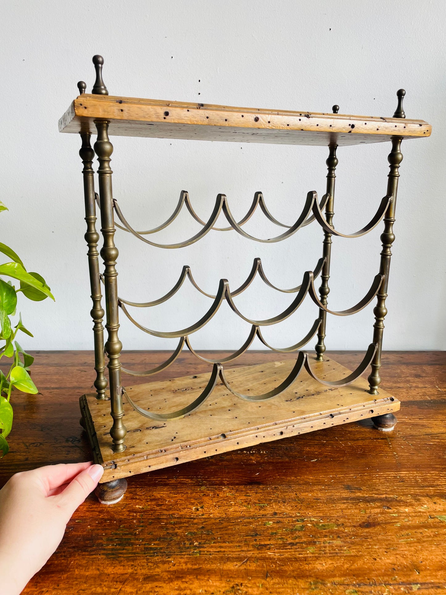 Vintage Italian Sturdy Wood & Solid Brass Footed Tabletop Wine Bottle Holder - Holds 9 Bottles - Made in Italy