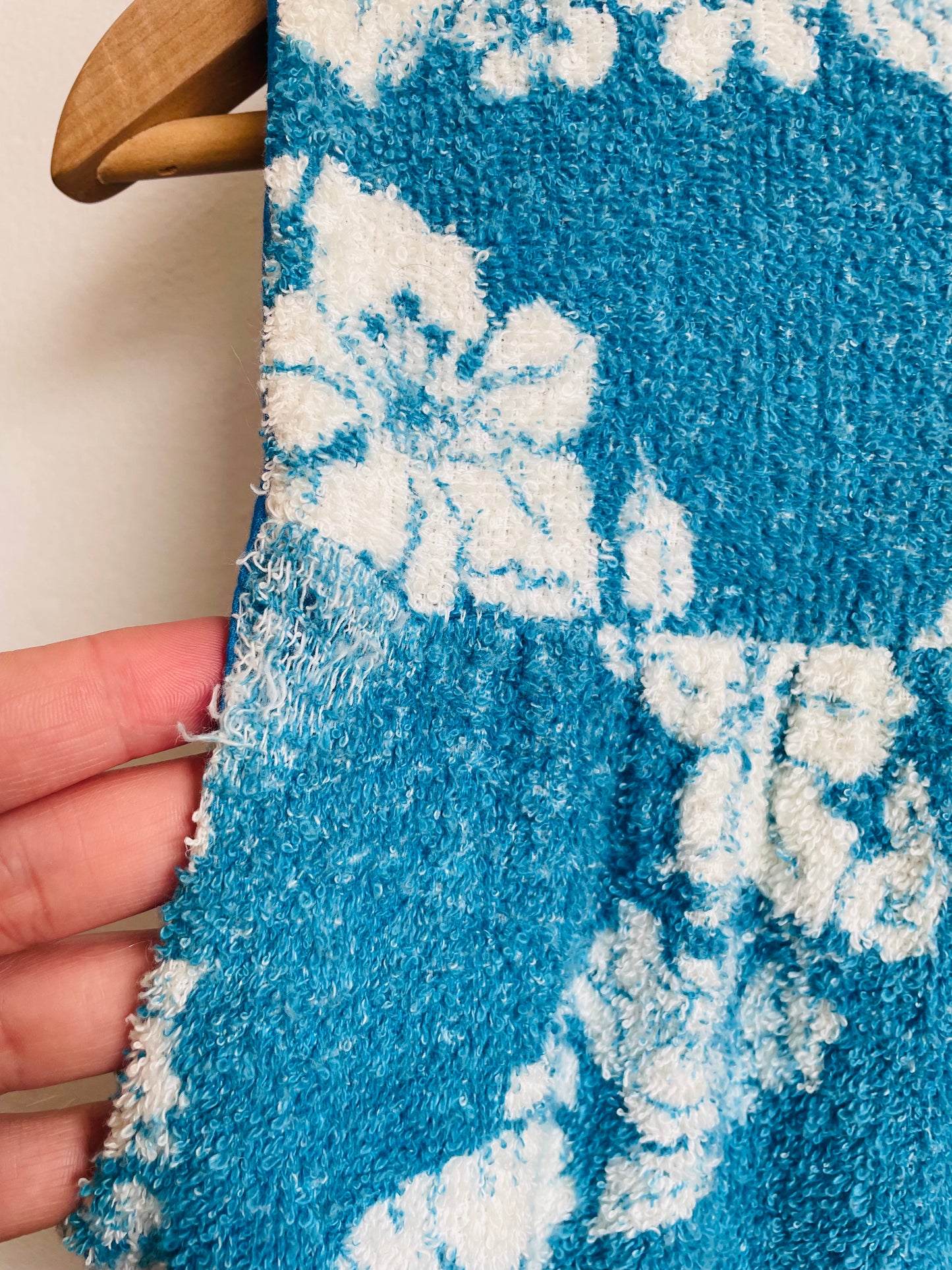 Zippered Terry Cloth Towel Dress or Beach Cover-Up with Pockets & Blue & White Tropical Hibiscus Flower Design