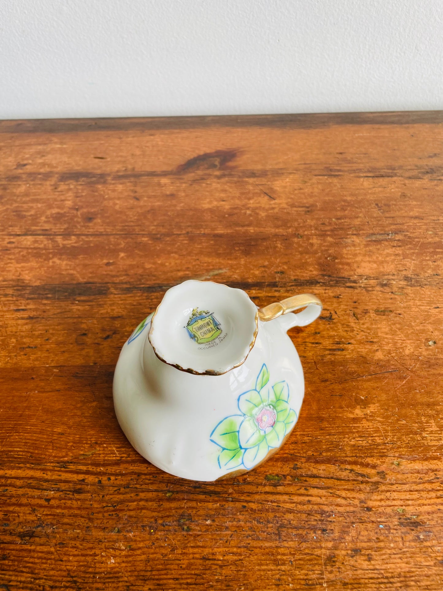 1940s Trimont China Hand Painted Gold & Flower Teacup & Saucer - Made in Occupied Japan