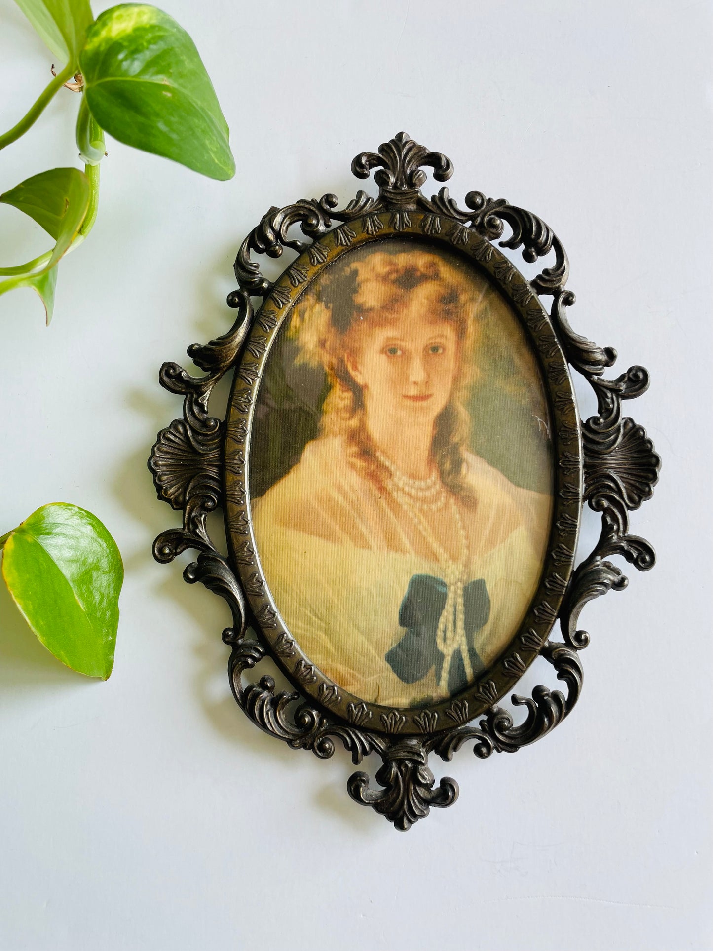 Vintage Oval Ornate Brass Picture Frame with Print of Woman Behind Convex Bubble Glass - Wall Hook for Hanging