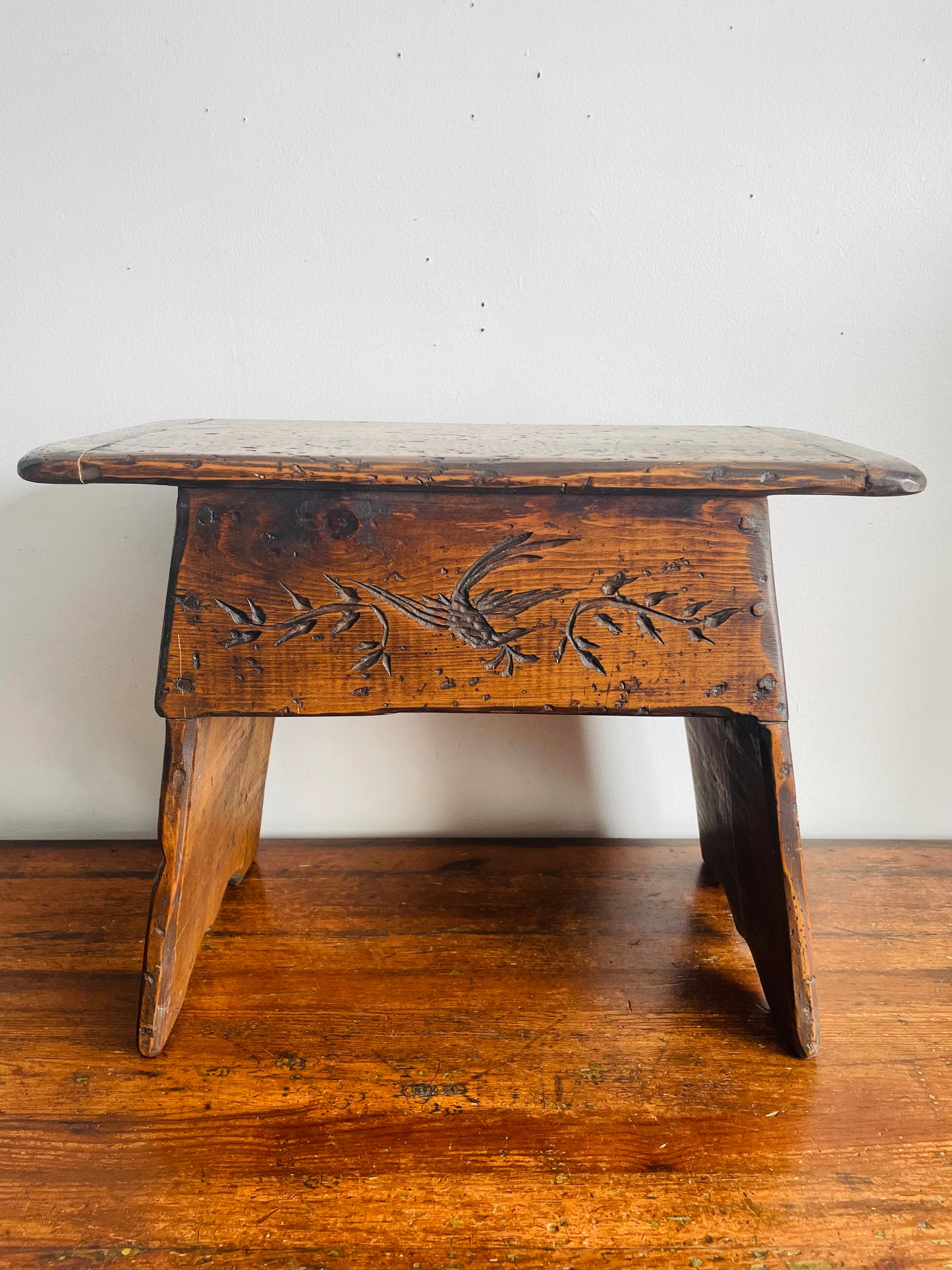 Vintage Wooden Stool Bench or Short Side Table with Carved Bird & Leaf Design - No Shipping