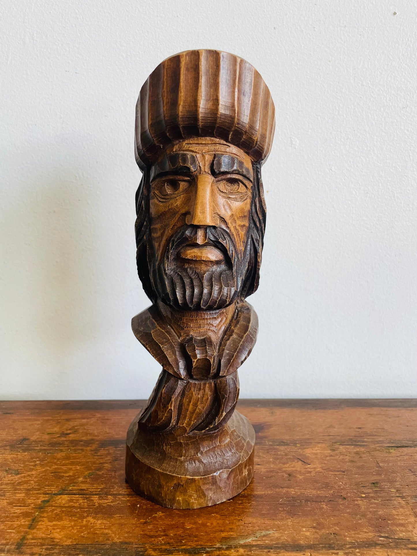Vintage Hand Carved Wood Folk Art Bust Statue of Man - Artist Signed by J. Castelano