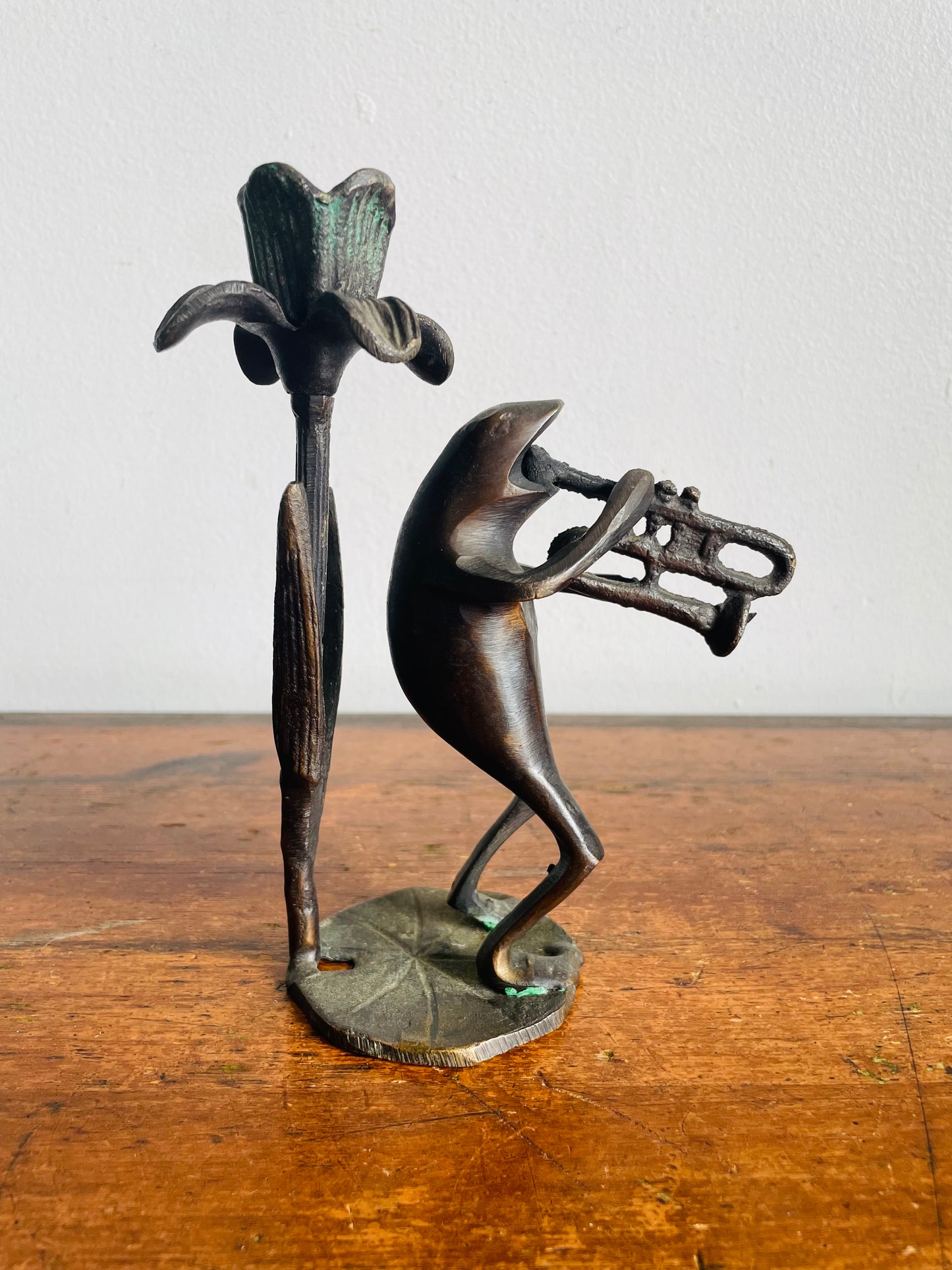 Vintage Solid Bronze Brass Trumpet Playing Frog Musician on Lily Pad with Flower Candle Holder