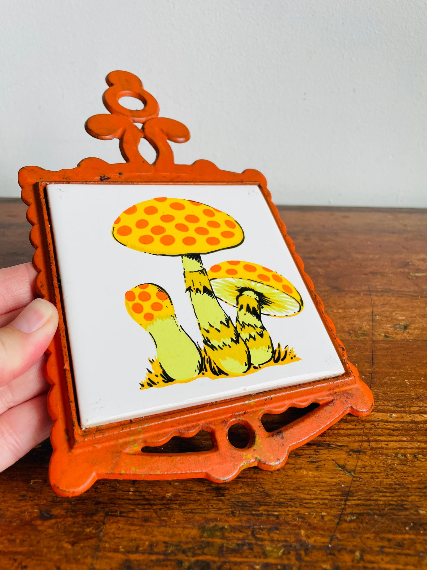 Vintage Merry Mushroom Tile & Cast Iron Rubber Footed Raised Hot Plate Trivet - Can Also Hang From Wall - Made in Taiwan