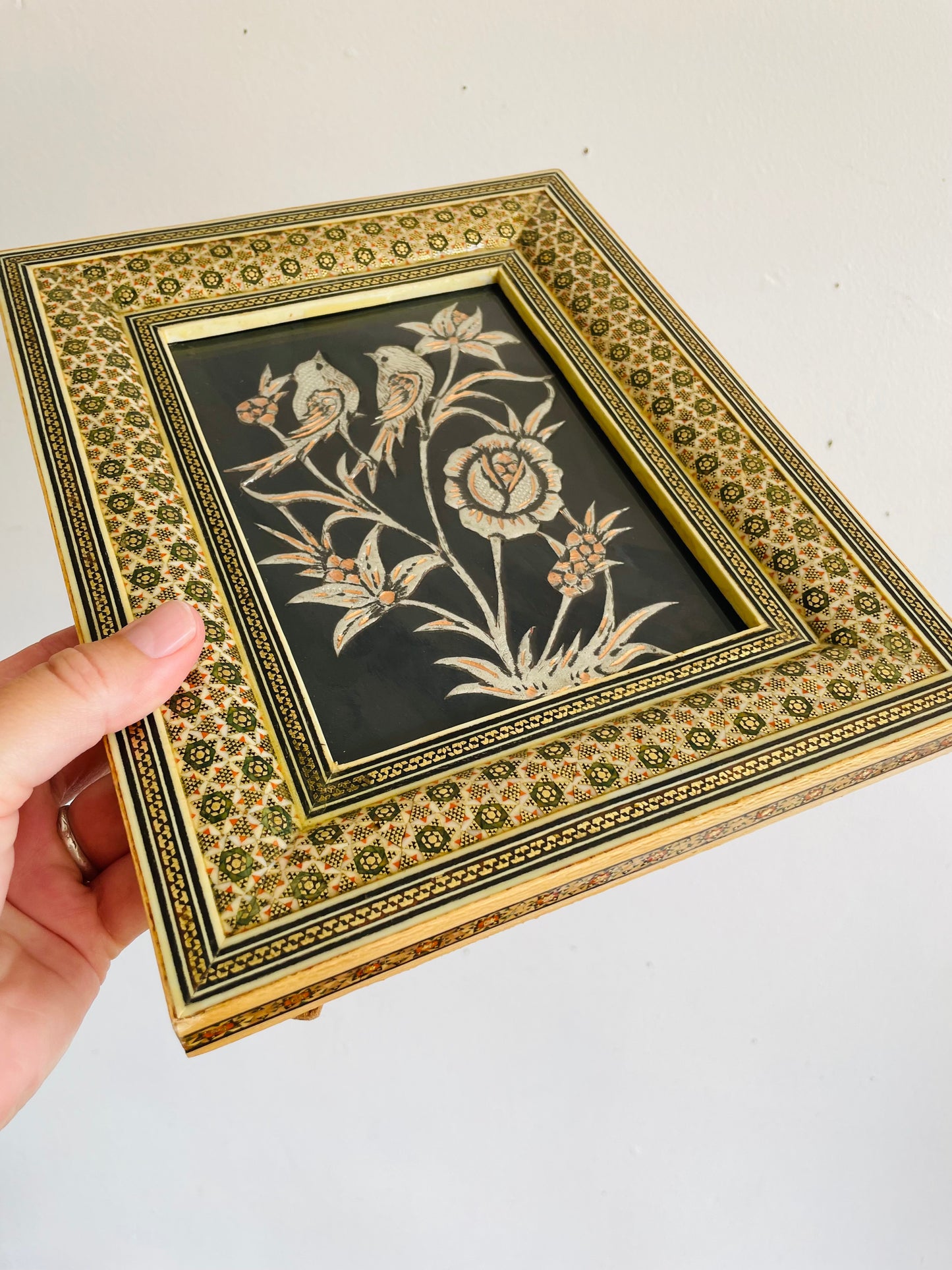 Vintage Persian Khatam Kari Marquetry Frame with Handcrafted Copper & Silver Inlay Picture of Birds & Flowers - Easel Backing
