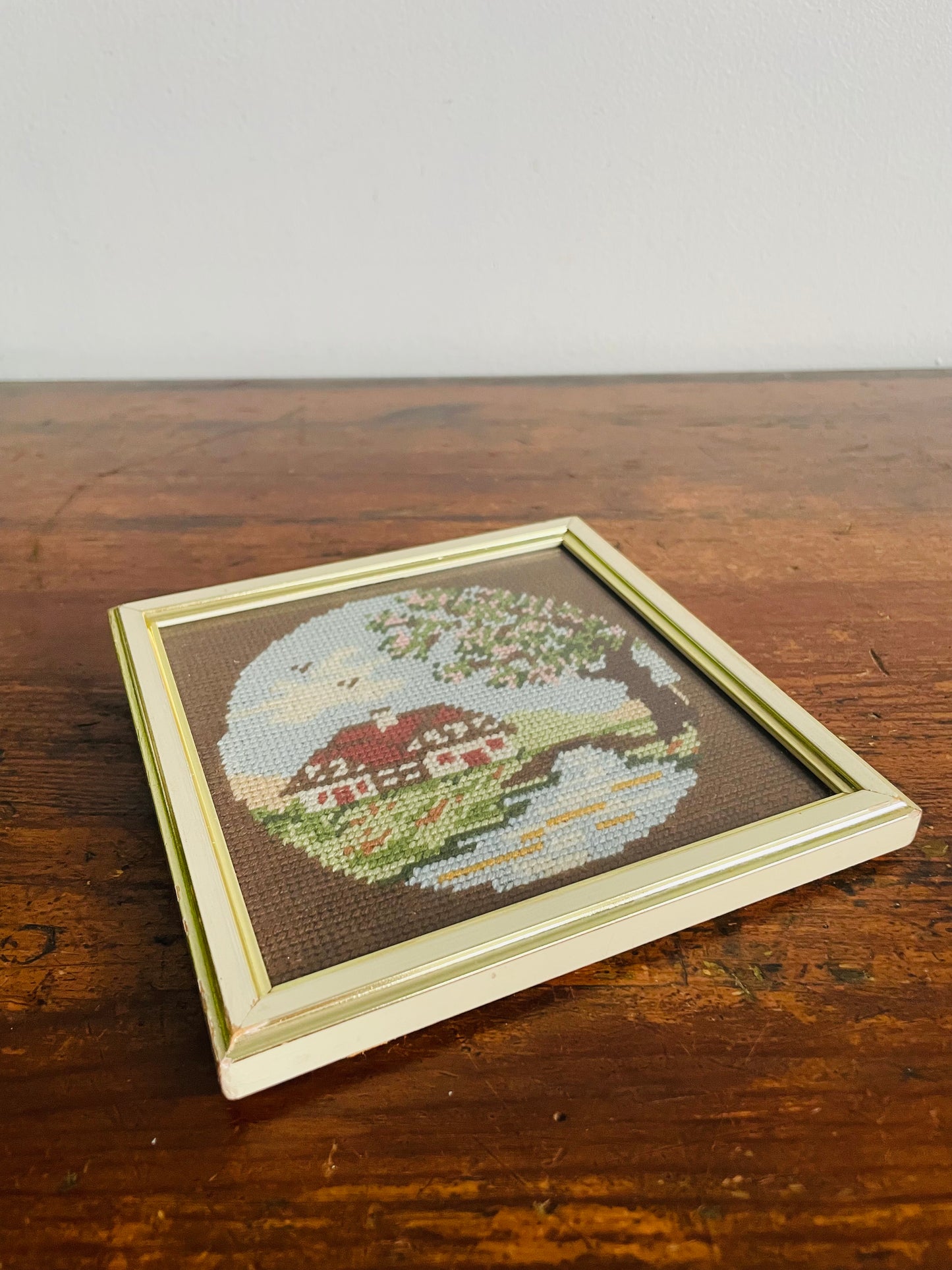 Vintage Mini Needlepoint Embroidery Picture in Square Frame - Spring Season - Red Roof House Beside River with Cherry Blossoms