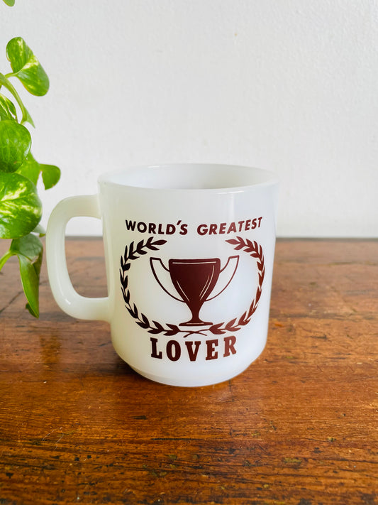 Vintage 1979 World's Greatest Lover Glasbake Milk Glass Mug