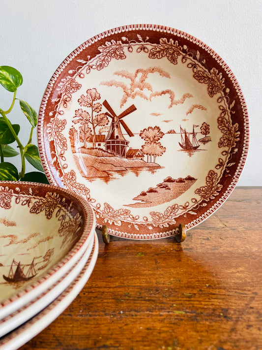 Vintage Brown Transferware Wide Bowls with Dutch Windmill, Boat, Leaves & Acorns Scene - Set of 4 - Made in Japan