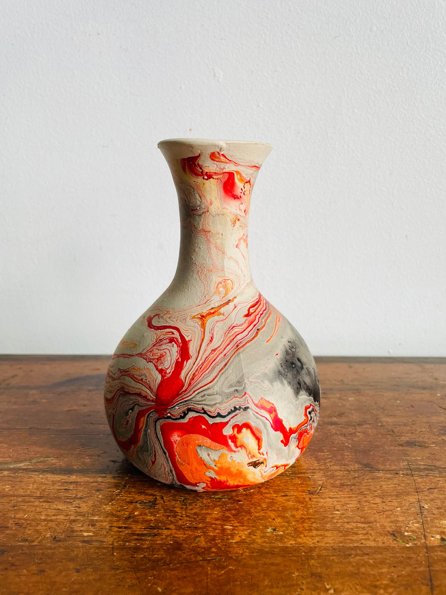 Vintage Nemadji Clay Pottery Vase - Red, Orange & Black Marbled Swirl Pattern - 6.5” Tall
