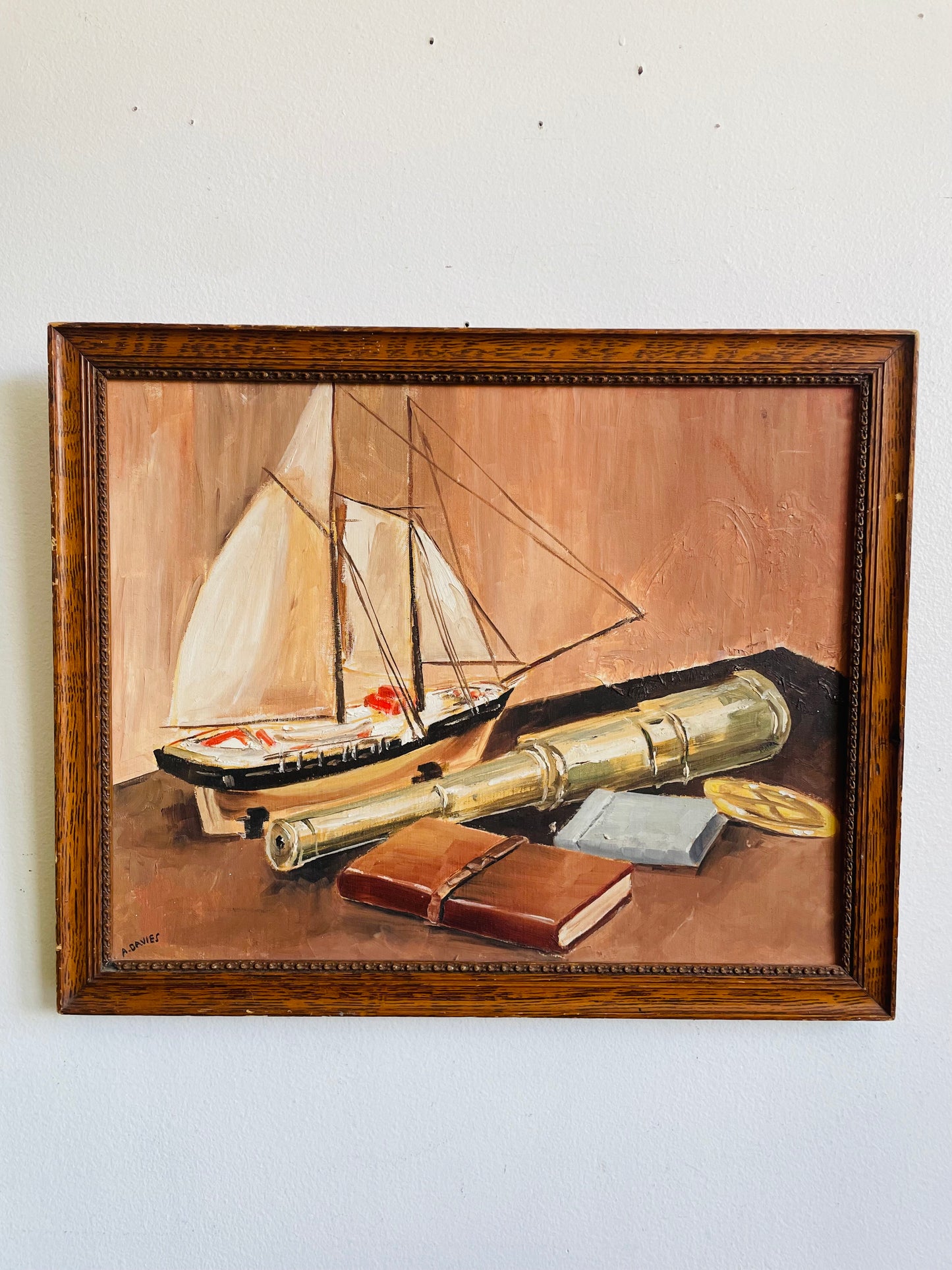 Vintage 1961 Original Art Nautical Still Life Painting Picture of Ship Captain Equipment - Artist Signed Anne Davies from Moncton, New Brunswick