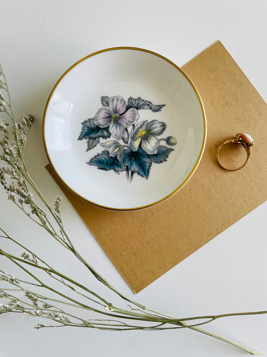 Vintage Royal Worcester Fine Bone China Miniature Plate with Blue Flowers - Ring Dish / Butter Pat / Jewellery - Made in England