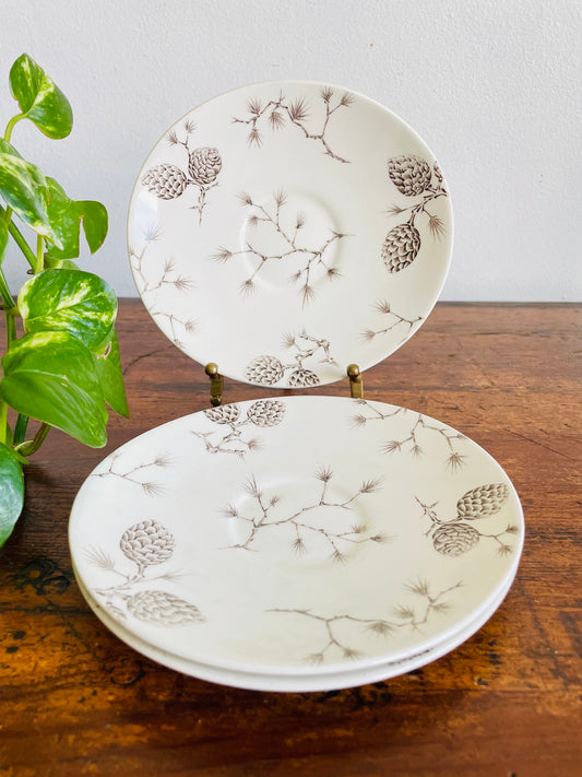 Vintage Wood & Sons "North Woods" Pattern Saucer Plates with Pinecone Design - Engraved by Hand - Made in England - Set of 3
