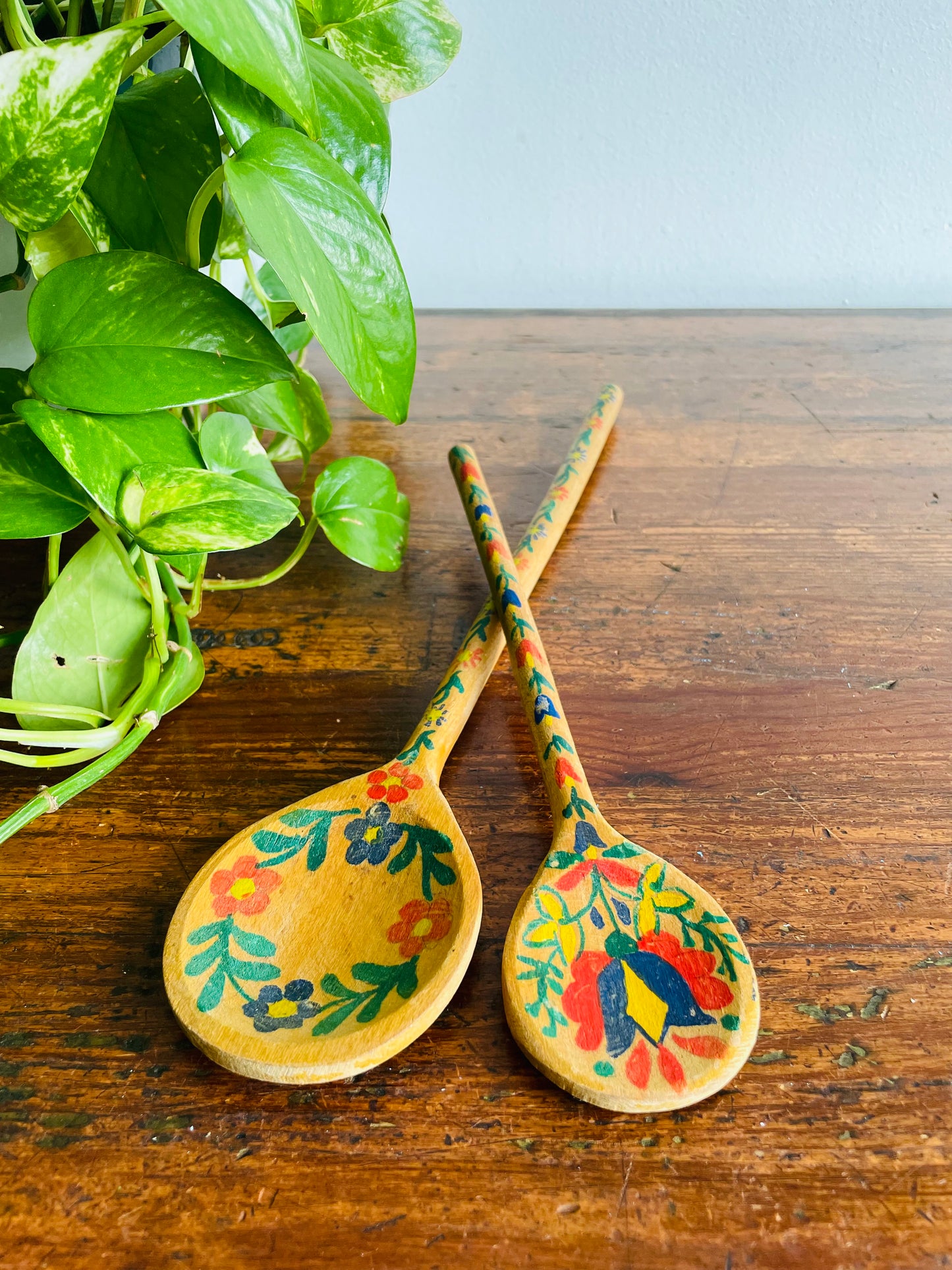 Hand Painted Wooden Spoons with Folk Art Flower Design - Set of 2