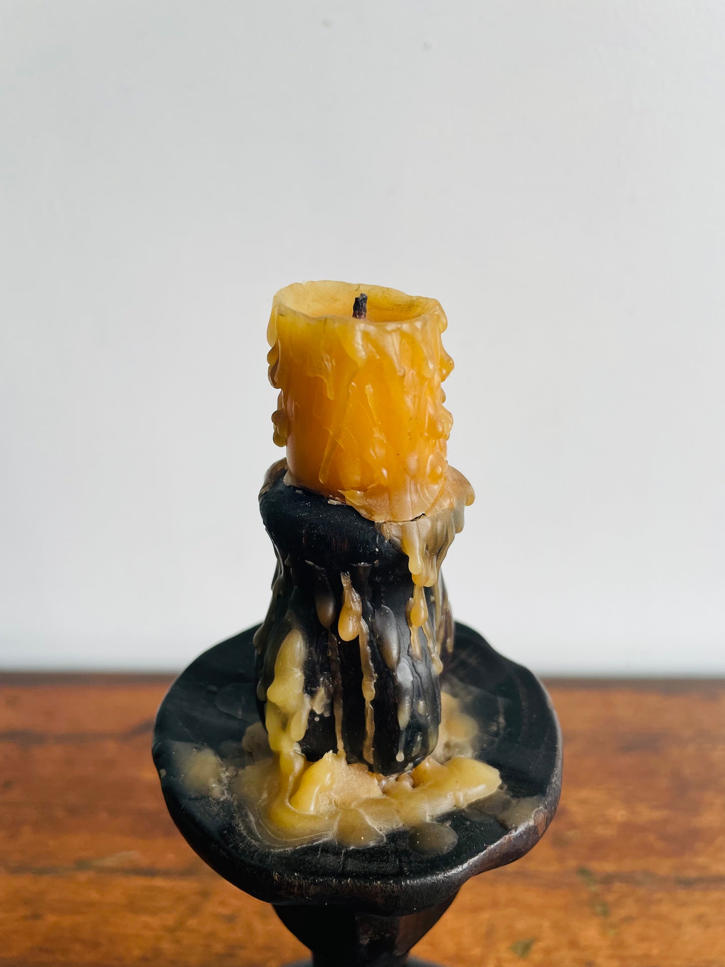 Large Wood Brutalist Spanish Revival Gothic Castlecore Style Chamberstick Candle Holder with Dripping Candle