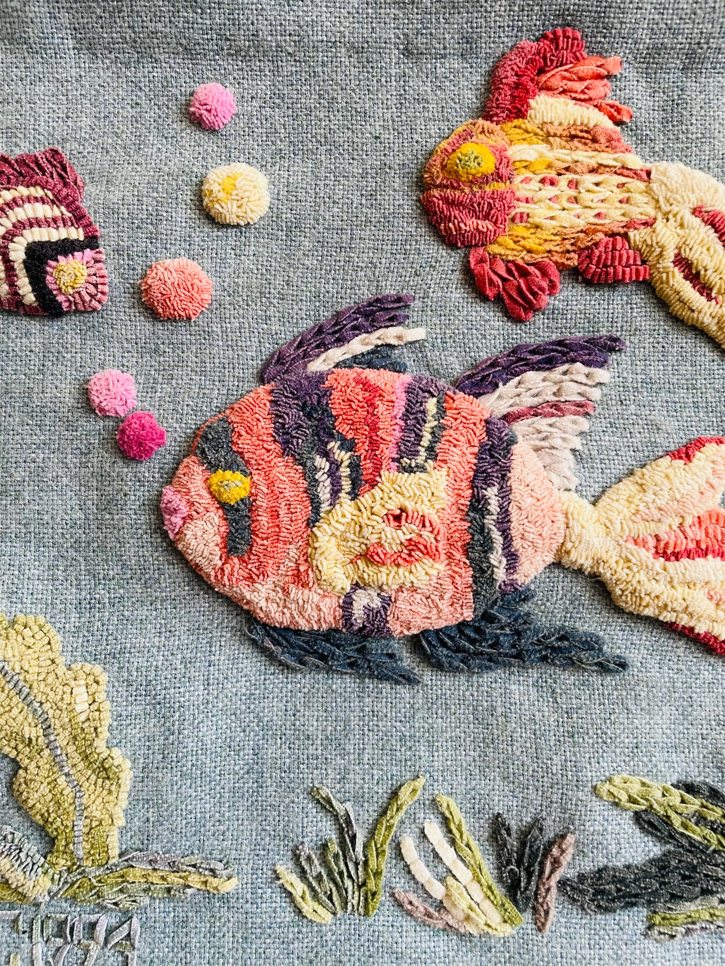 Vintage 1994 Handmade Punch Needle Art Embroidery Wall Tapestry Hanging Picture with Under the Sea Fish & Seaweed Design