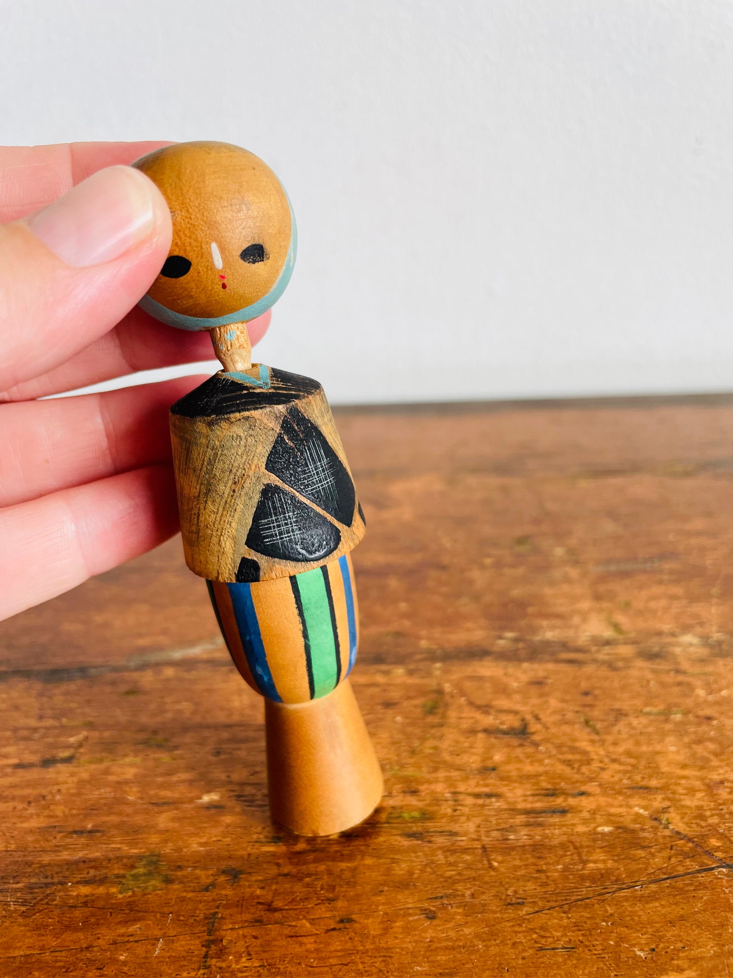Vintage 4.25" Tall Japanese Wooden Kokeshi Bobblehead Doll with Black, Blue & Green Dress