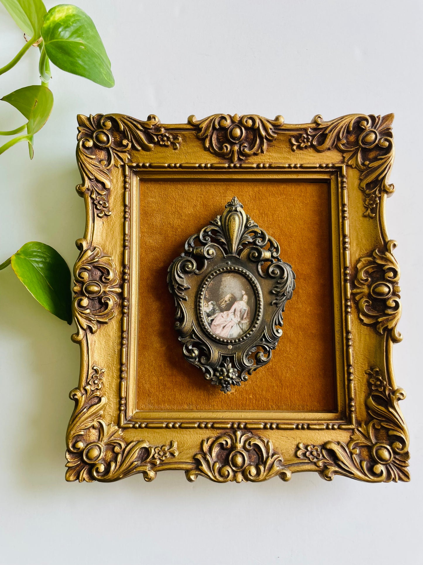Vintage Ornate Gold, Brass & Mustard Yellow Felt Picture with Print Picture of Baroque Style Women in Dresses