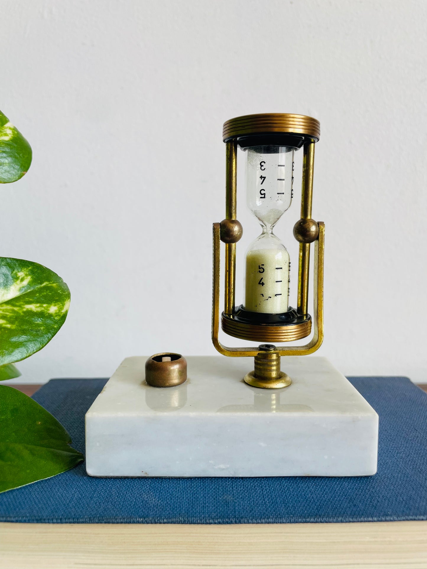 Vintage Brass & Glass Rotating Swinging Hourglass with White Sand on Marble Stone Base - Stylish & Useful!