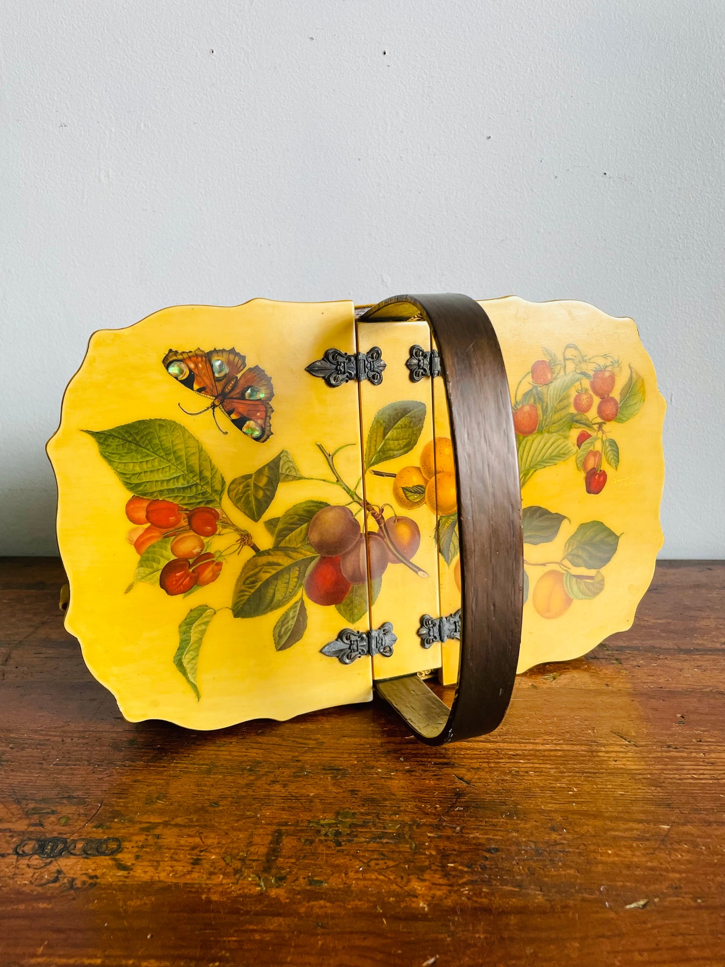 Vintage 1972 Wood Woven Decoupage Basket Purse or Storage Container with Botanical Fruit & Butterfly Design - Artist Signed - Angie 9/72