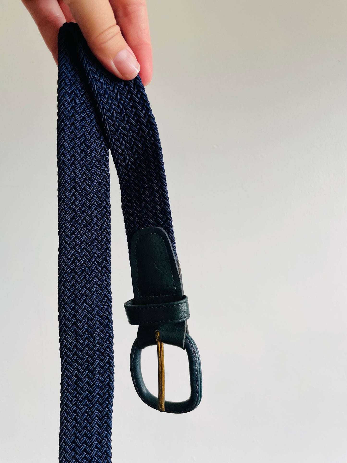 Navy Blue Braided Rope Belt with Leather Buckle - Very Stretchy Rope!