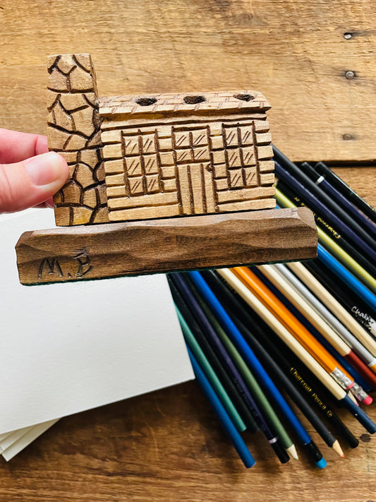Handmade Carved Wood Log Cabin Pen or Pencil Holder