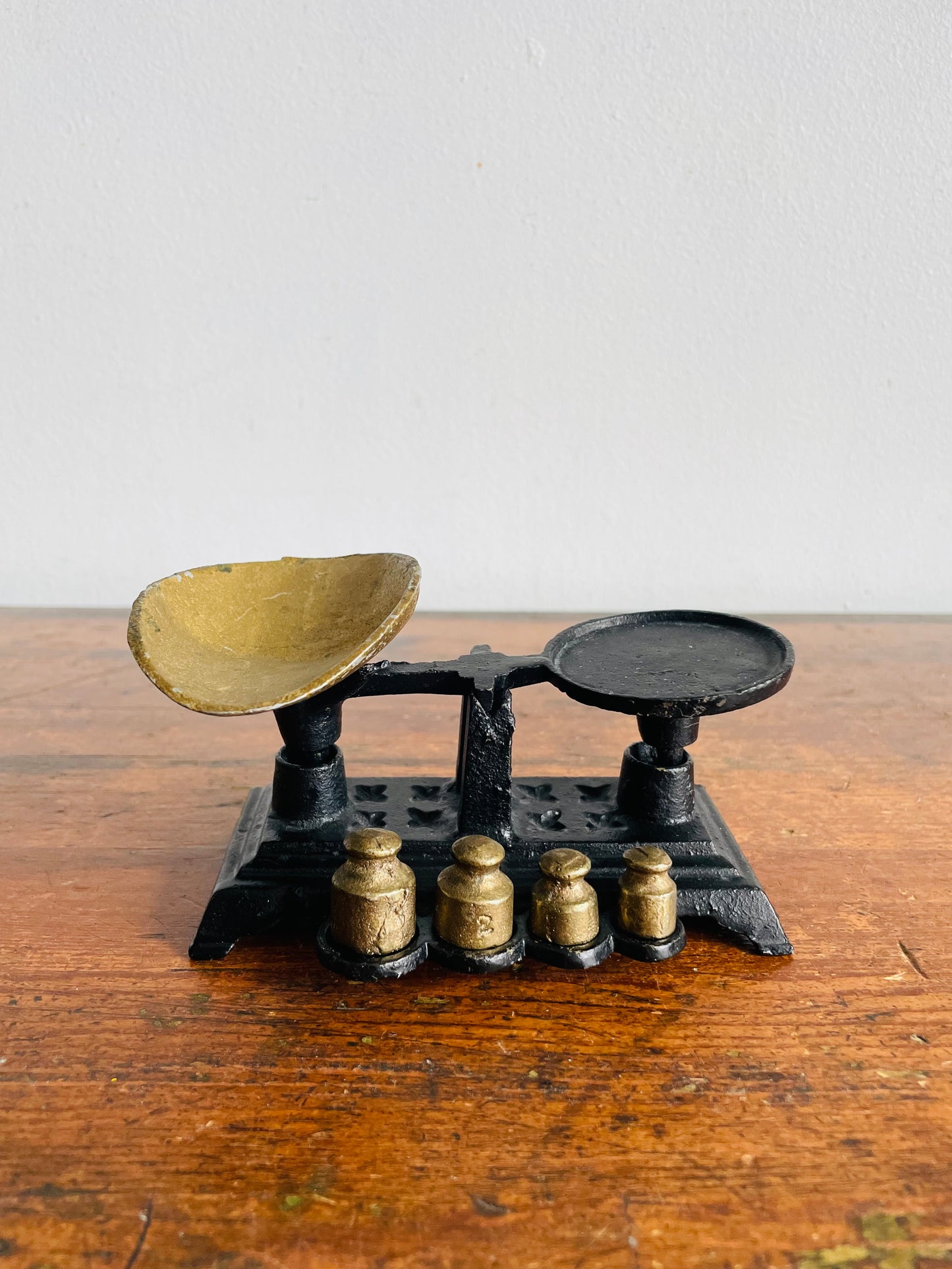 Vintage Solid & Heavy Miniature Cast Iron Balance Scale with Weights