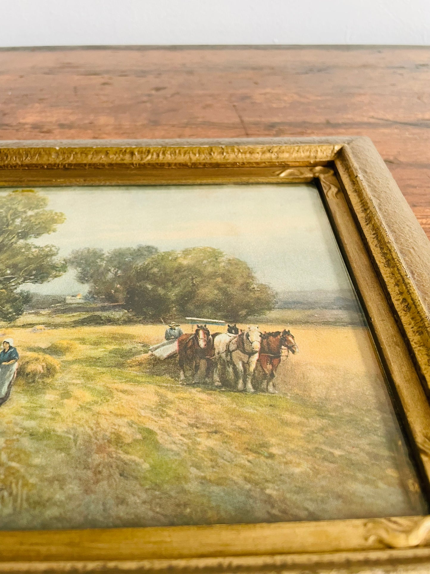 Framed Country Scene Print of People in Wheat Field with Dog & Plough Horses