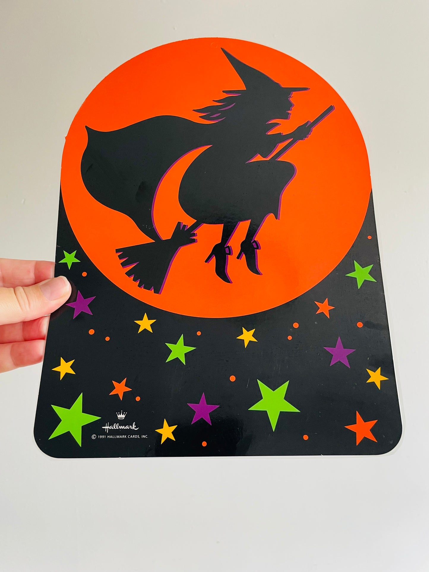 Laminated Cardboard Cutout Halloween Decoration - Witch on Broomstick with Full Moon & Stars - 1991 Hallmark