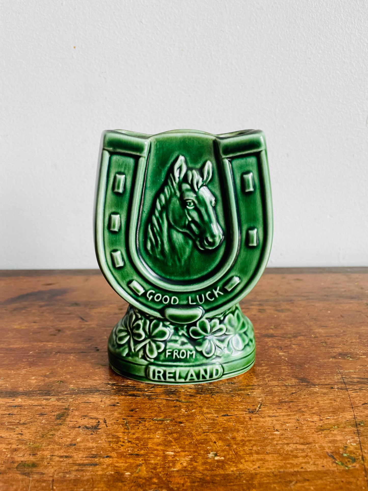 Vintage Green Sylvac 4110 Good Luck From Ireland Vase, Match, or Incense Holder with Horseshoe Horse Equestrian Design #2 - Made in England