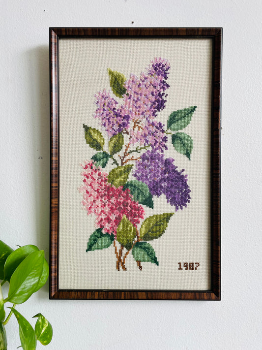 Vintage 1987 Cross Stitch Embroidery Picture of Purple Lilac Flowers